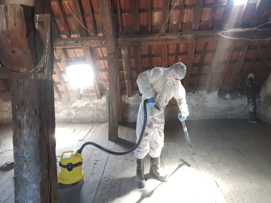Intérieur de combles anciens avec charpente en bois et tuiles apparentes