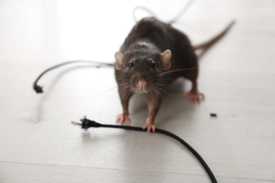 Rat domestique gris foncé positionné sur une surface blanche lisse, manipulant des câbles électroniques noirs