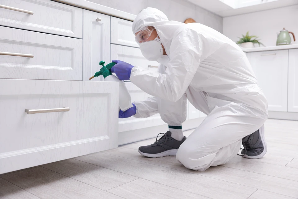 Professionnel en combinaison bleue appliquant un traitement antiparasitaire dans un intérieur résidentiel moderne