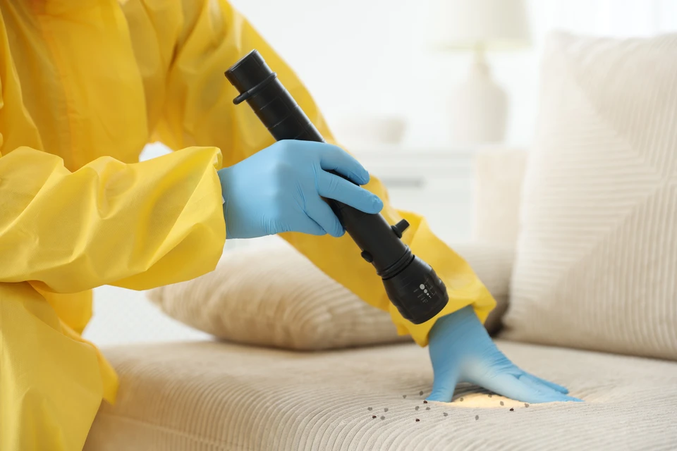 Punaise de lit brune sur tissu gris en gros plan